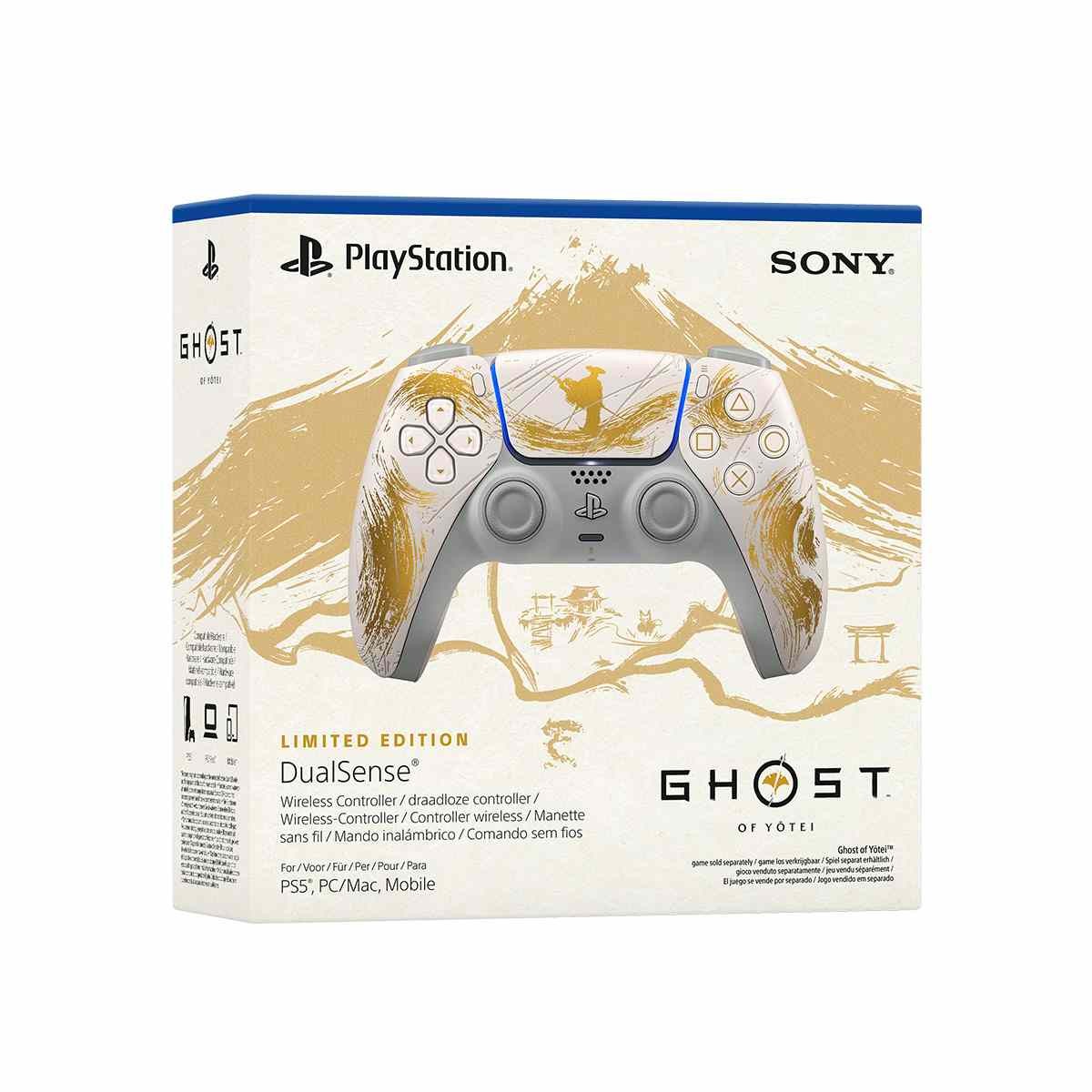 Limited edition DualSense Wireless Controller featuring a white and gold design with Yeti artwork, packaged in a PlayStation box, compatible with PS5, PC, and mobile.