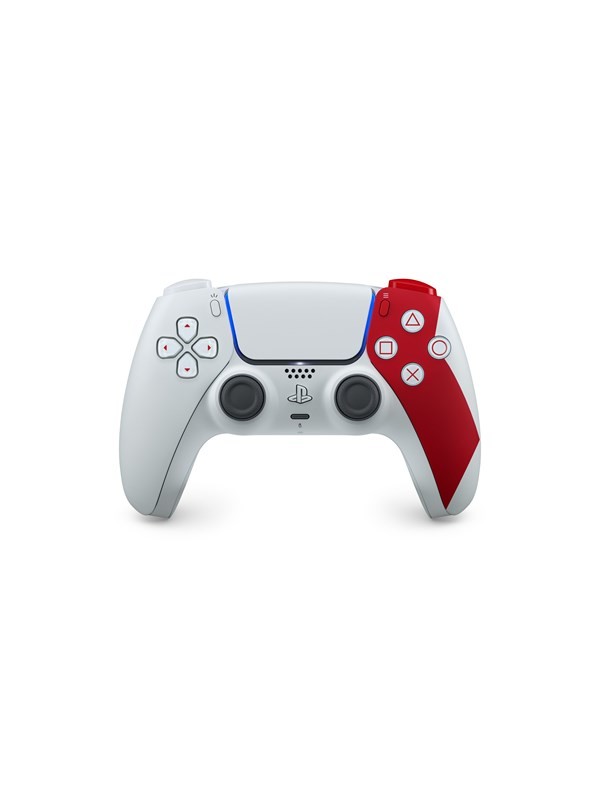 DualSense Wireless Controller in white with red accents, featuring textured grips, PlayStation logo, and iconic symbols for buttons, celebrating God of War's 20th anniversary.