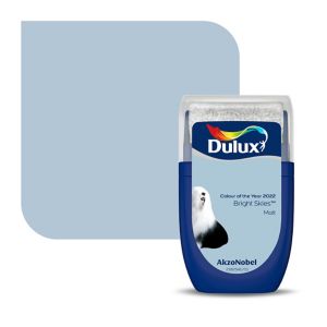 Dulux Walls & Ceilings Matt Paint in Bright Skies, 30ml tester, featuring a soft blue color with a matte finish, alongside a matching color swatch.