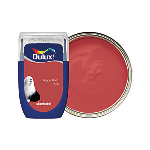 Dulux Colour Tester in Pepper Red, 30ML, featuring a sleek container with a blue label and a metallic cap, alongside a circular lid revealing a smooth, vibrant red paint.