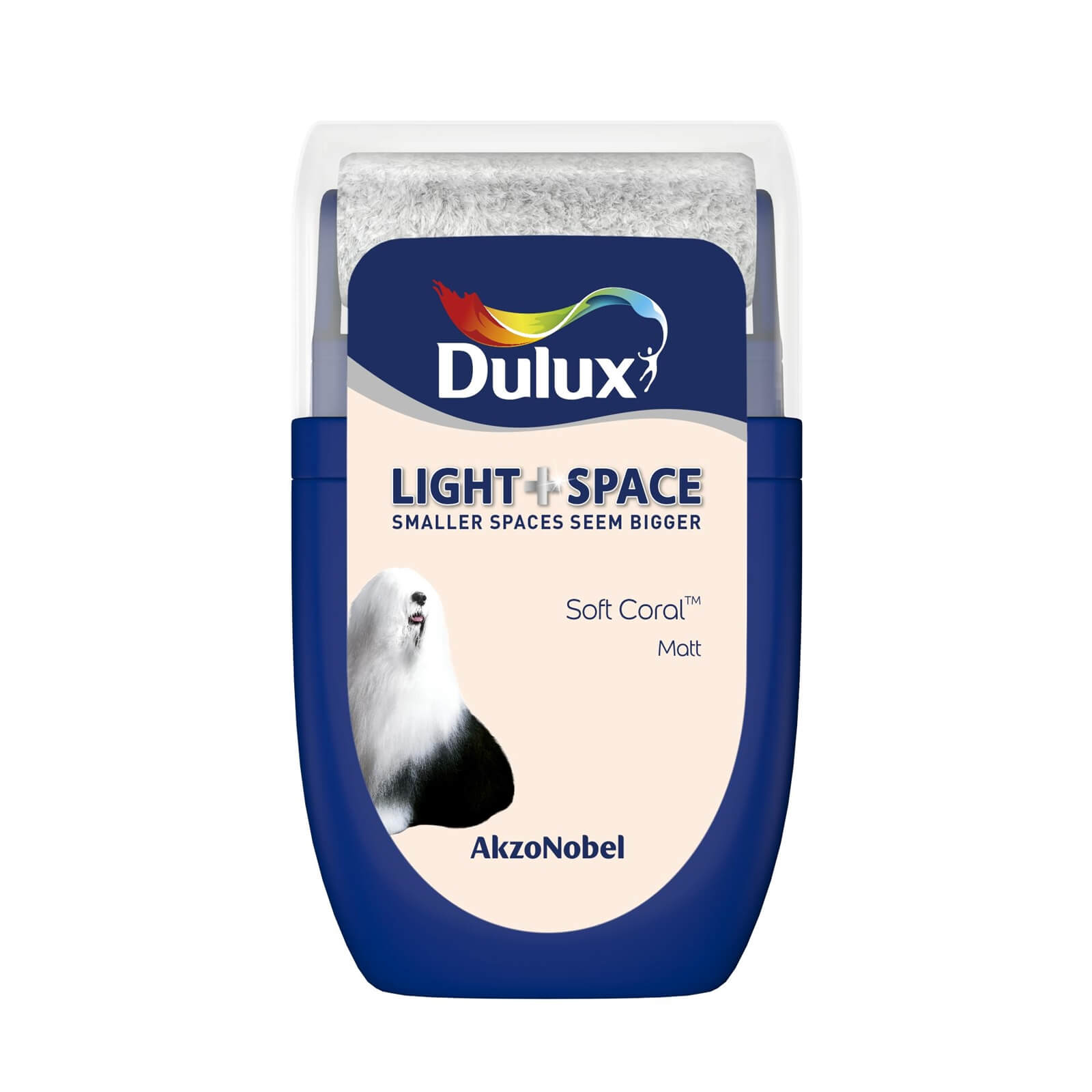 Dulux Light and Space Matt Paint sample in Soft Coral, featuring a rounded container with a blue base and a white lid, showcasing a dog graphic and branding details.