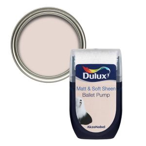 Dulux Ballet Pump Vinyl Matt Emulsion Paint in a 30ml tester pot, featuring a soft pink color with a glossy lid and a label displaying the brand and product details.