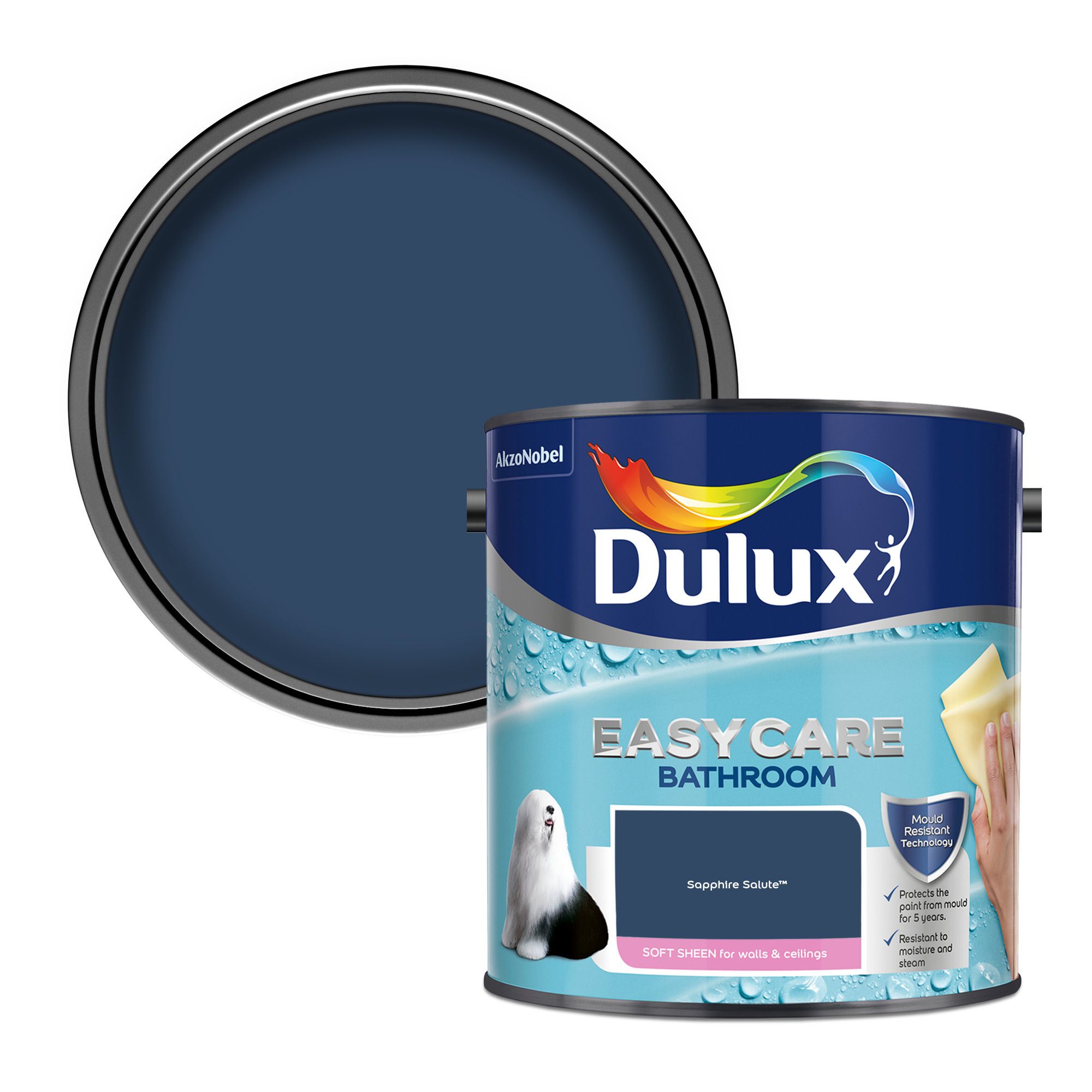 Dulux Easycare Bathroom Soft Sheen Paint in Sapphire Salute, featuring a deep blue color, a glossy finish, and a water-resistant label, with a matching paint lid.