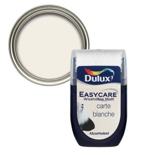 Dulux Easycare Carte Blanche Flat Matt Emulsion Paint tester pot, 30ml, featuring a white paint color with a glossy lid and clear labeling for easy identification.