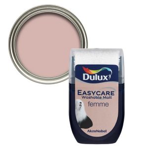 Dulux Easycare Femme Flat Matt Emulsion Paint tester pot in a soft pink shade, featuring a plastic container with a white lid and a silver tin cap showing the paint color.