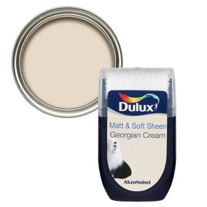 Dulux Georgian Cream Vinyl Matt Emulsion Paint in a 30ml tester pot, featuring a creamy beige color with a smooth finish, packaged in a transparent container with a blue label.