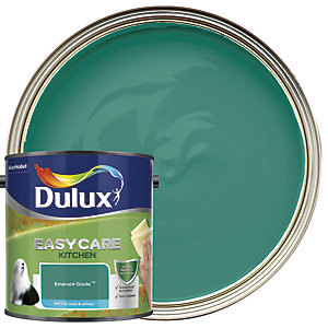 Dulux Easycare Kitchen Matt paint in Emerald Glade, featuring a vibrant teal color, presented in a 2.5L tin with a glossy silver lid and a label showcasing its easy-clean properties.