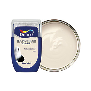 Dulux Easycare Kitchen Matt sample in Natural Calico, 30ml, featuring a sleek container with a silver lid and a creamy beige paint visible inside.