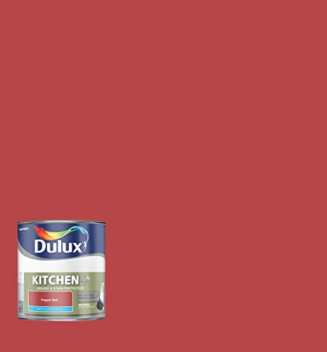 Dulux Easycare Kitchen Matt paint can in Pepper Red, 2.5L, featuring a glossy label with "KITCHEN" and color details against a solid red background.