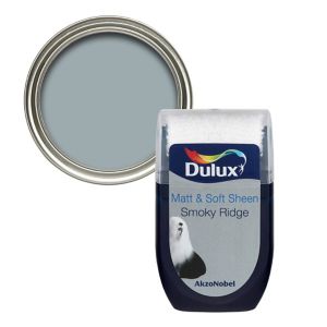 Dulux Smoky Ridge Vinyl Matt Emulsion Paint tester pot in a 30ml container, featuring a soft grey-blue color with a glossy silver lid and a label displaying the brand and product details.