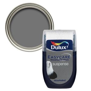 Dulux Easycare Suspense Flat Matt Emulsion Paint tester pot, featuring a sleek gray color with a glossy lid and a label showcasing the brand and product name.