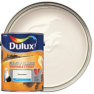 Dulux Easycare Washable and Tough Matt paint in Almond White, 5L tin with a vibrant label featuring a rainbow logo and a smooth, creamy paint surface in the lid.