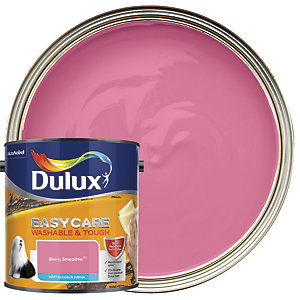 Dulux Easycare Washable and Tough Matt paint in Berry Smoothie, featuring a vibrant pink color, presented in a 2.5L tin beside a circular paint sample.