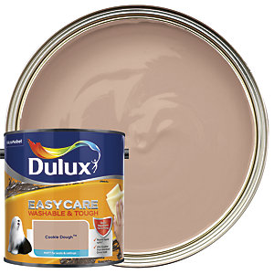 Dulux Easycare Washable and Tough Matt paint in Cookie Dough color, 2.5L can with a beige, creamy paint swatch in a round tin.