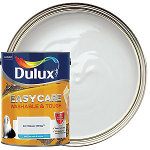 Dulux Easycare Washable and Tough Matt paint in Cornflower White, 5L tin with a glossy silver lid, displayed beside a round white paint swatch.