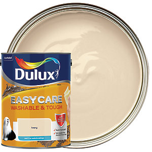 Dulux Easycare Washable and Tough Matt paint in a 5L can, featuring an ivory color, with a glossy lid and a label showcasing a dog and product details.
