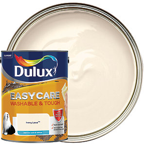 Dulux Easycare Washable and Tough Matt paint in Ivory Lace, 5L can with a colorful lid, showcasing creamy off-white paint inside a round tin.