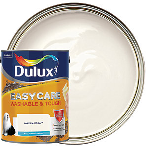 Dulux Easycare Washable and Tough Matt paint in Jasmine White, 5L tin with a glossy silver rim, displaying a creamy white paint swatch in a round container.