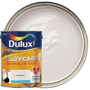 Dulux Easycare Washable and Tough Matt paint in Just Walnut, 5L tin with a glossy silver lid, featuring a vibrant yellow label and a creamy beige paint swatch in a round tray.