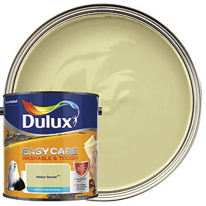 Dulux Easycare Washable and Tough Matt paint in Melon Sorbet, featuring a light yellow-green color, displayed in a 2.5L can beside a paint swatch.