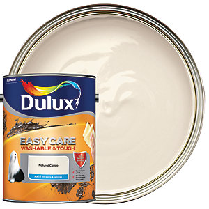 Dulux Easycare Washable and Tough Matt paint in Natural Calico, 5L tin with a smooth, creamy beige color and a glossy surface, showcasing its durability and washability.