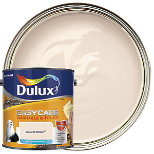 Dulux Easycare Washable and Tough Matt paint in Natural Wicker, 2.5L tin with a creamy beige color swatch visible above, showcasing a smooth, matte finish.