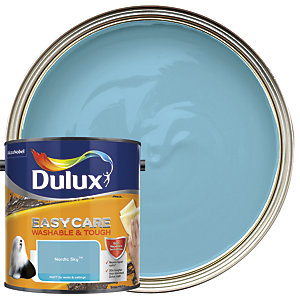 Dulux Easycare Washable and Tough Matt paint in Nordic Sky, featuring a light blue color, displayed in a round tin with a silver lid and branding on the front.