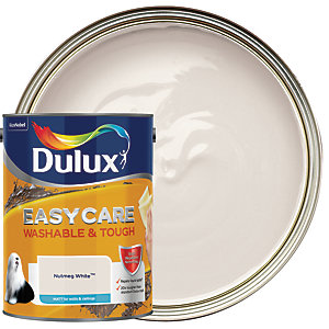 Dulux Easycare Washable and Tough Matt paint in Nutmeg White, 5L can, with a smooth, creamy texture and a glossy metal lid, displayed next to a circular paint swatch.
