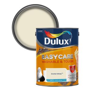 Dulux Easycare Washable and Tough Matt paint in Orchid White, 5L can with a blue and orange label, featuring a circular lid and a graphic of a dog.