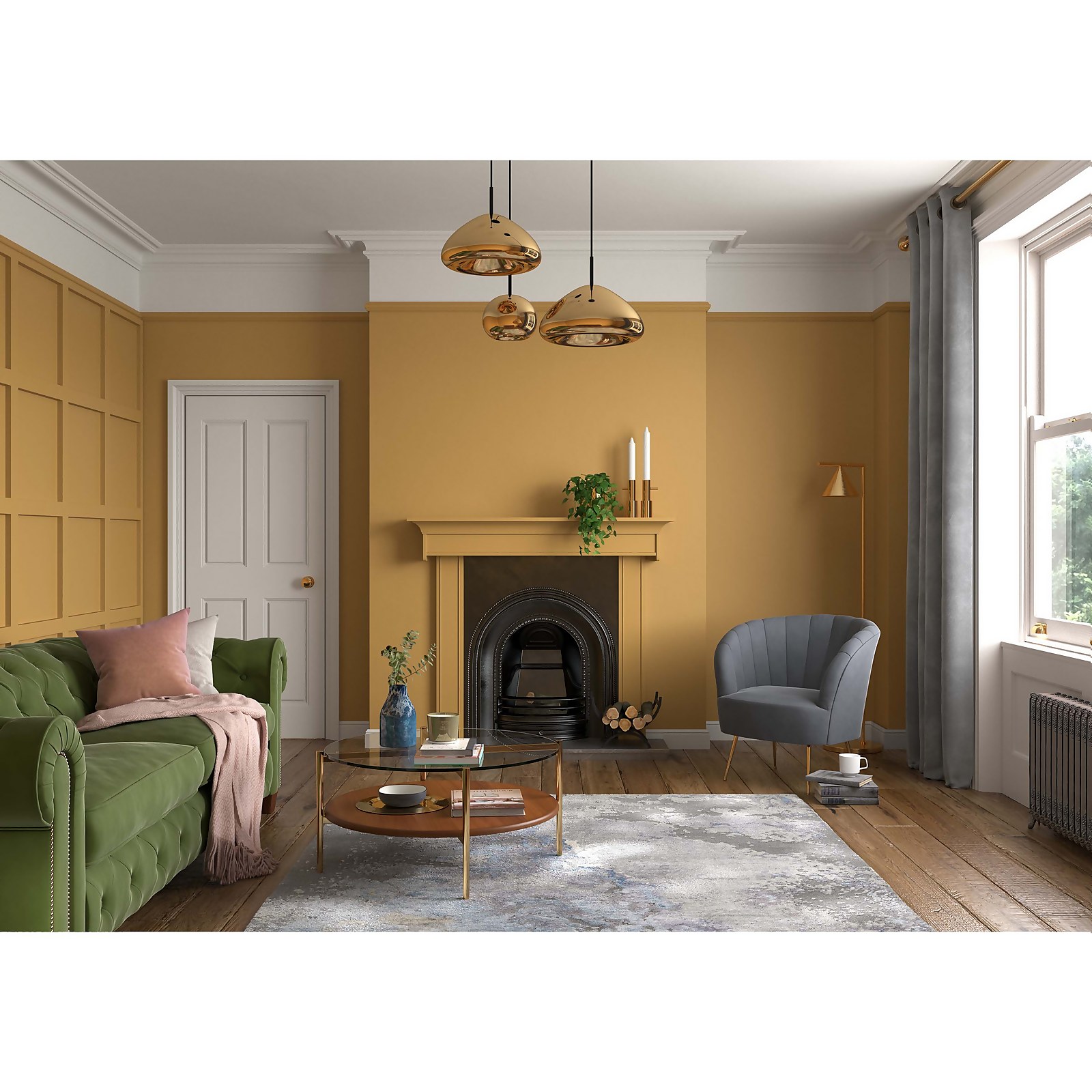Dulux Heritage Matt Emulsion Paint in Brushed Gold, showcasing a warm golden hue, ideal for interior walls, with a 2.5L capacity.
