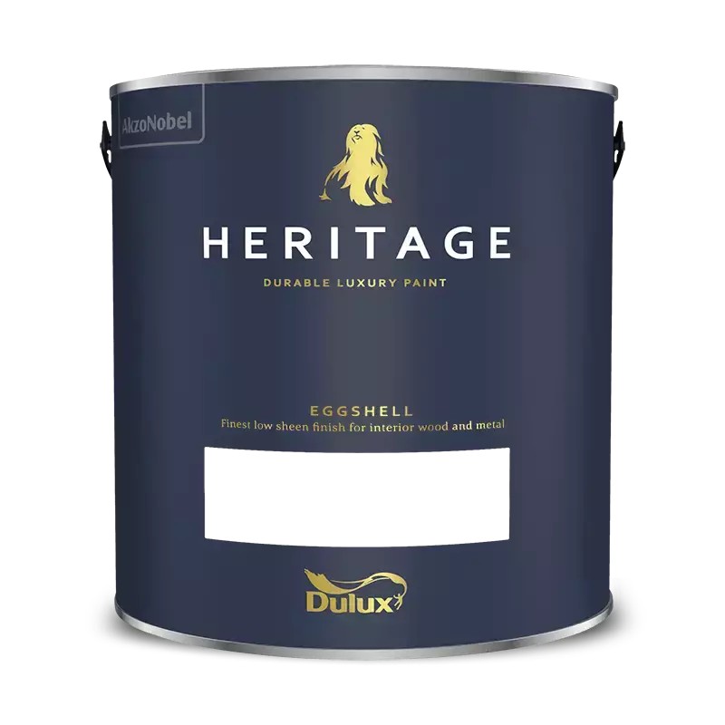Dulux Heritage Eggshell paint can in Grass Green, 2.5L, featuring a durable low-sheen finish, suitable for wood and metal, with a dark blue label and gold lion logo.