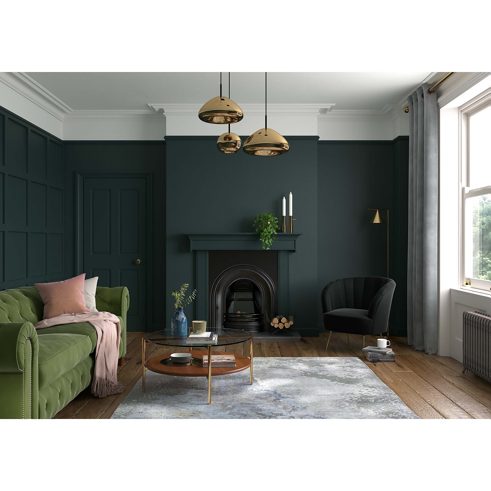 Dulux Heritage Matt Emulsion Paint in Mallard Green, showcased on a feature wall in a stylish room with green furniture, gold light fixtures, and a cozy fireplace.