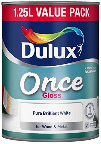 Dulux Once Gloss paint can in Pure Brilliant White, 1.25L size, featuring a colorful logo and a brush graphic, designed for wood and metal surfaces.