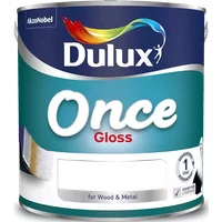 Dulux Once Gloss paint can, blue label with rainbow logo, "Pure Brilliant White" text, 2.5L size.