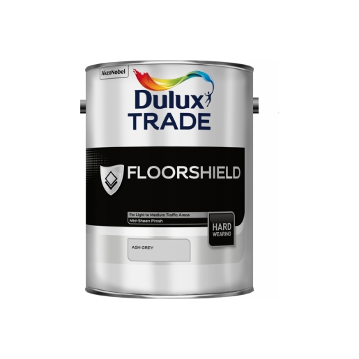 Dulux Trade Floorshield paint can in Ash Grey, 5L size, featuring a sleek metallic finish with a black label and logo, designed for hard-wearing floor applications.