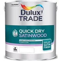 Dulux Trade Quick Dry Satinwood Paint, Pure Brilliant White 2.5L can with colorful logo and satin finish label.