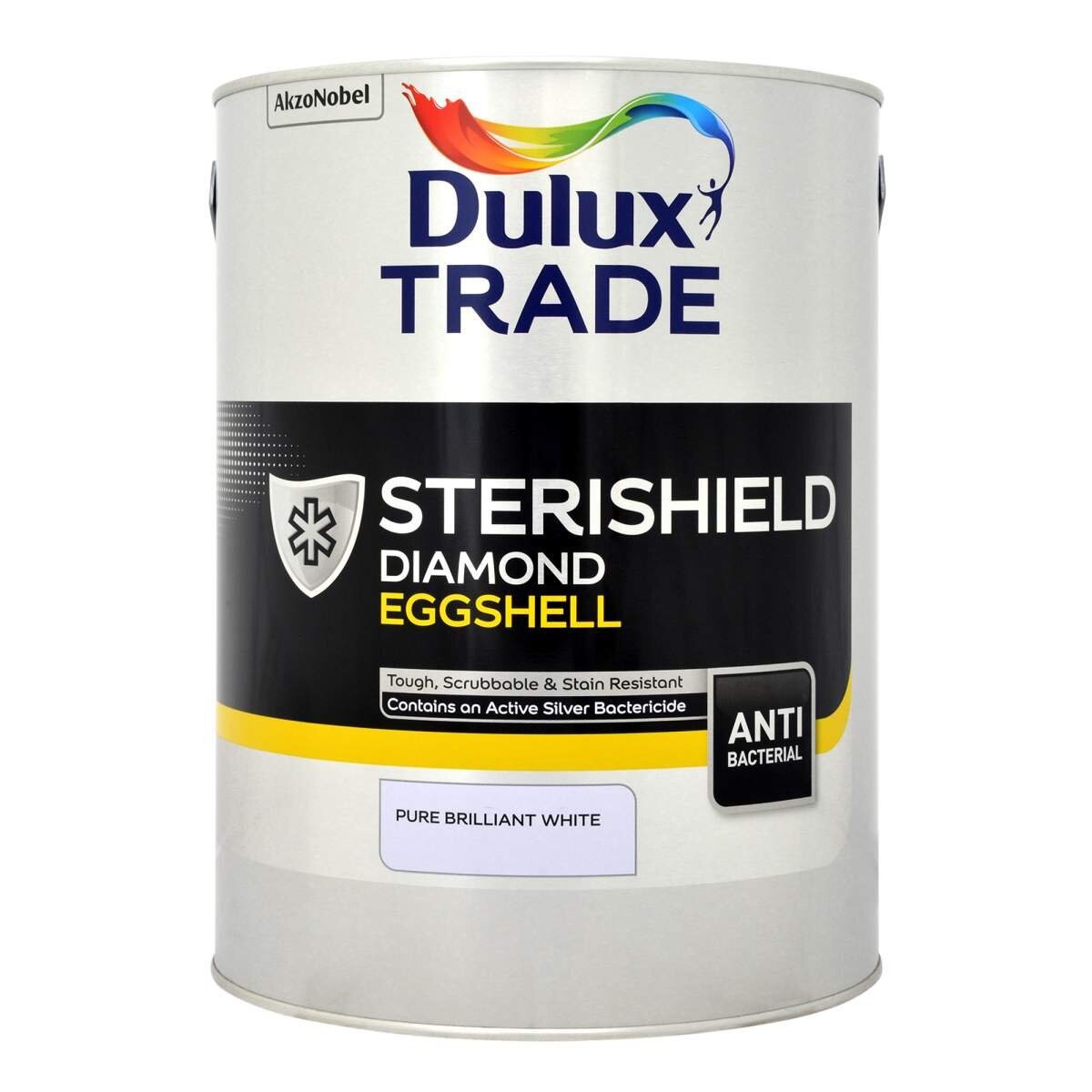 Dulux Trade Sterishield Diamond Eggshell paint can in Pure Brilliant White, featuring a silver antibacterial symbol and bold black text on a white background.