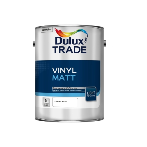 Dulux Trade Vinyl Matt Light & Space paint can in Absolute White, 5L size, featuring a blue and white label with "Vinyl Matt" and "Light Reflective" text.