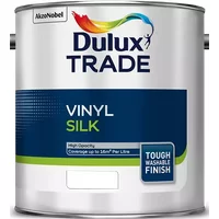 Dulux Trade Vinyl Silk paint can, Pure Brilliant White, 5L, with blue label and colorful logo, tough washable finish.