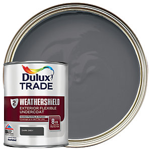Dulux Trade Weathershield Exterior Flexible Undercoat in a 1L can, featuring a dark grey color with a glossy finish and an 8-year durability label.