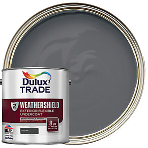 Dulux Trade Weathershield Exterior Flexible Undercoat in a 2.5L metal can, featuring a dark grey color, with a glossy finish and a prominent logo on the front.