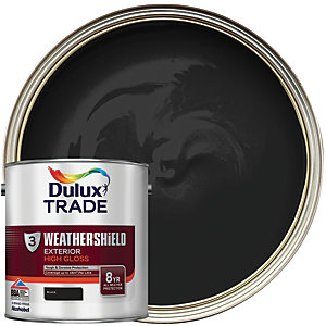 Dulux Trade Weathershield Exterior Gloss Paint in a 2.5L metal can, featuring a shiny black color and a label indicating high gloss finish and 8-year durability.
