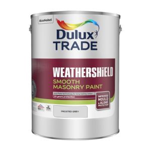 Dulux Trade Weathershield Smooth Masonry Paint in a 5L tin, featuring a frosted grey color, with branding and product details prominently displayed on the label.