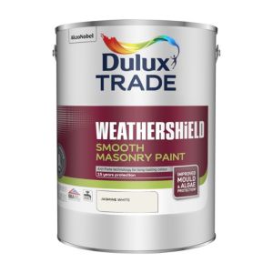 Dulux Trade Weathershield Smooth Masonry Paint in Jasmine White, 5L container, featuring a glossy finish and branding prominently displayed on the front.