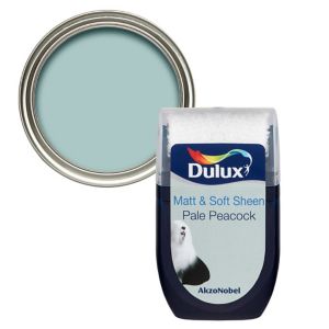 Dulux Pale Peacock vinyl matt emulsion paint tester pot, featuring a soft teal color, with a clear lid and a label displaying the brand and product details.