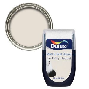 Dulux Perfectly Neutral Vinyl Matt Emulsion Paint tester pot, 30ml, featuring a soft sheen finish and a light beige color, with a round metal lid and branded label.