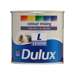 Dulux Colour Mixing Tester Base in a 250ml tin, featuring a white label with blue accents, and a colorful stripe at the top, designed for testing wall and ceiling paint colors.