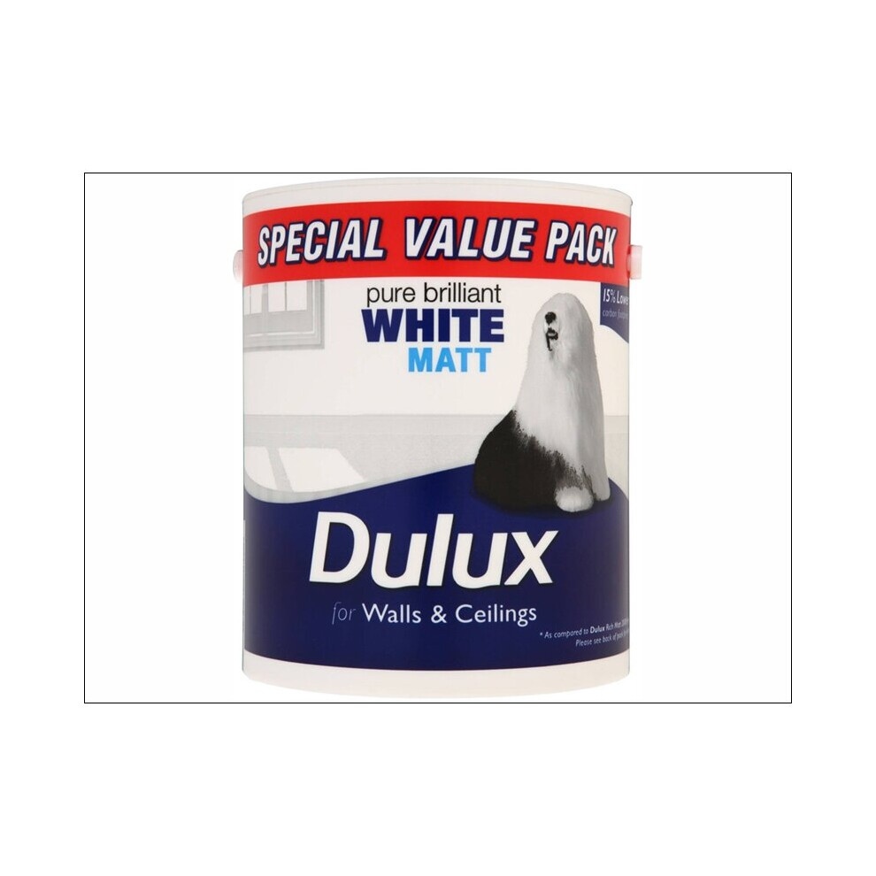 Dulux Walls and Ceilings Matt Paint in Pure Brilliant White, 3L container with a blue and white design featuring a dog and "Special Value Pack" label.