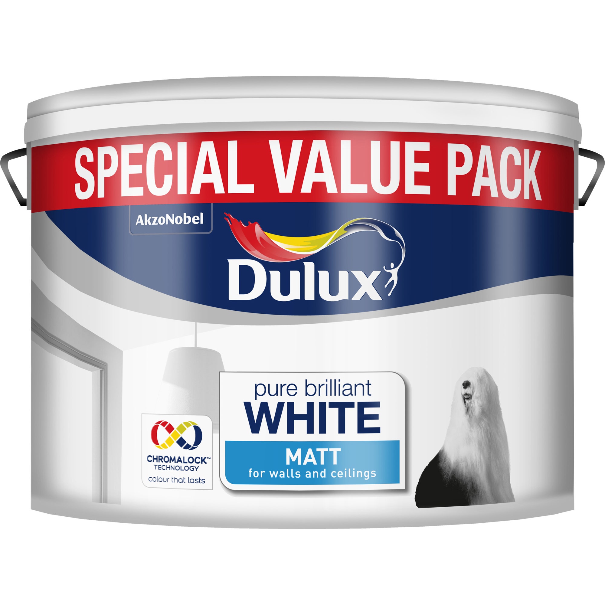 Dulux Matt Pure Brilliant White Special Value Pack 7L features a white paint can with a blue and red label, showcasing a dog silhouette and highlighting its use for walls and ceilings.