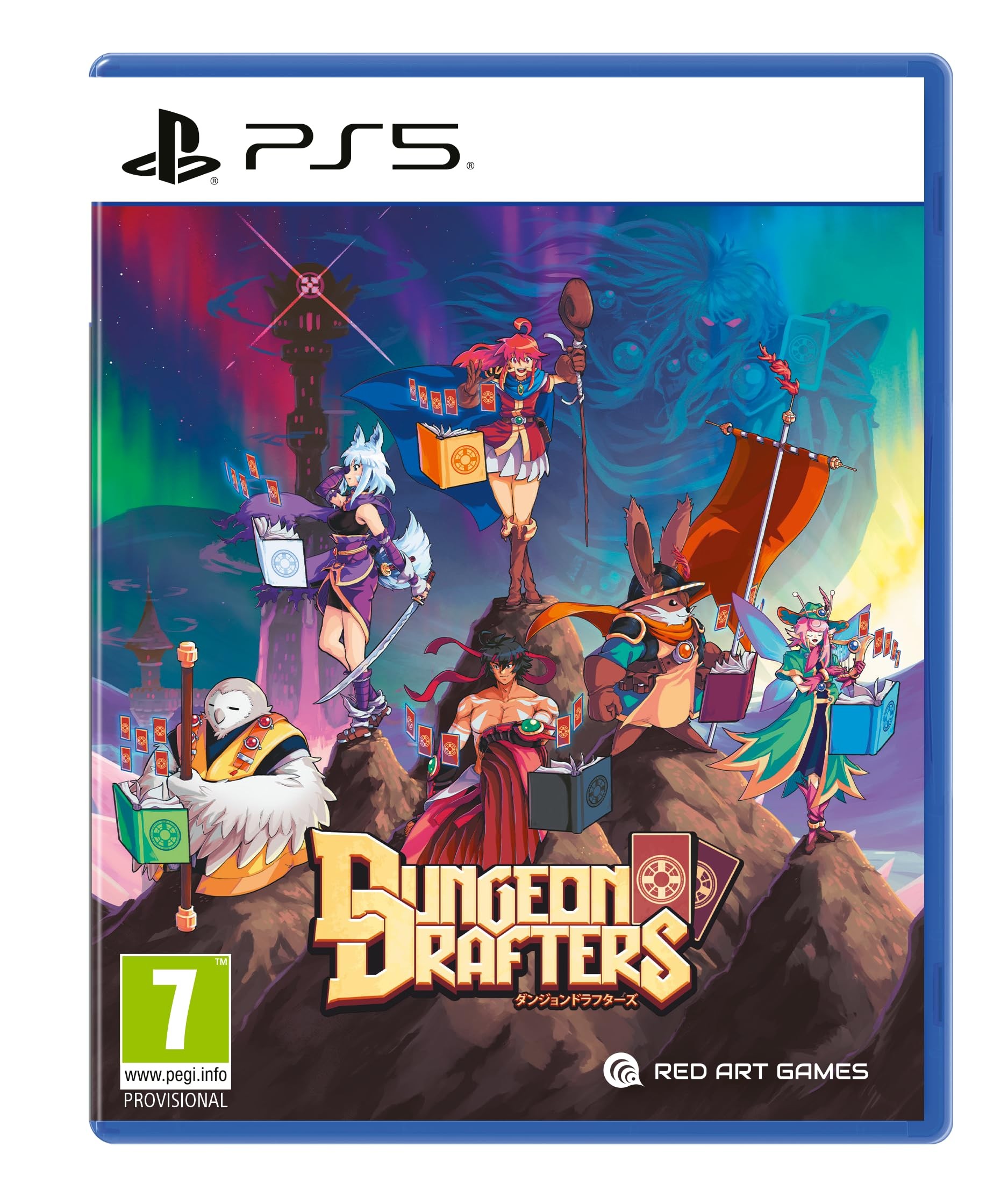 Colorful PS5 game case for "Dungeon Drafters" featuring vibrant artwork of characters and creatures, with a fantasy theme and a double-sided poster included.
